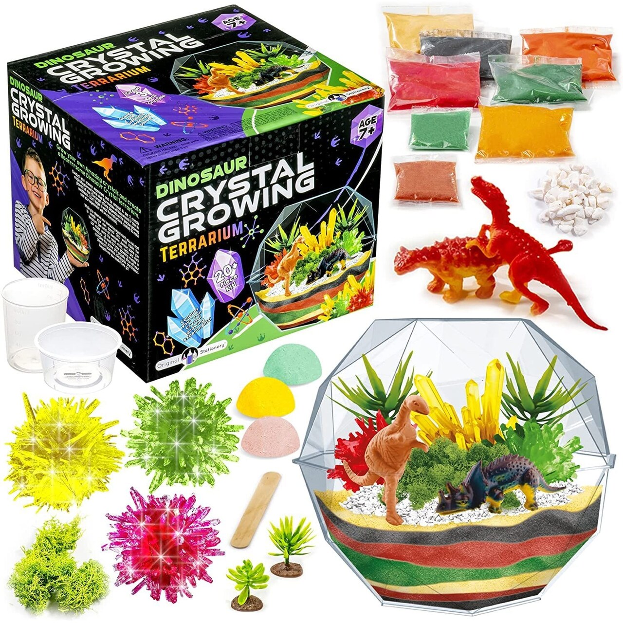 Original Stationery Dinosaur Crystal Growing Kit for Kids, Includes 17 Pieces & Easy-To-Follow Manual, Grow 3 Crystals and Make A Pre-Historic Scene with Dinosaurs, Ages 7-14